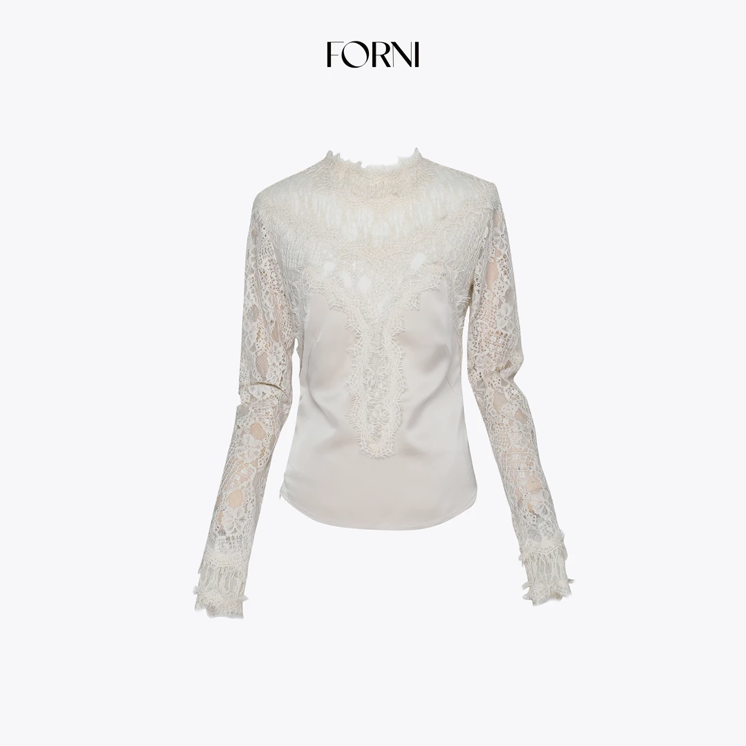 FORNI 肌肤之花 法式拼接缎面蕾丝轻薄打底衫