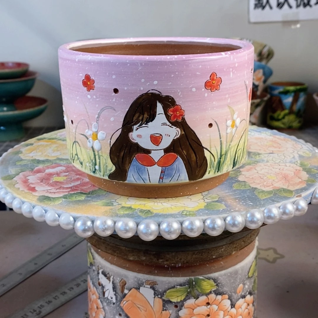 紫砂花盆九*红陶手绘花盆