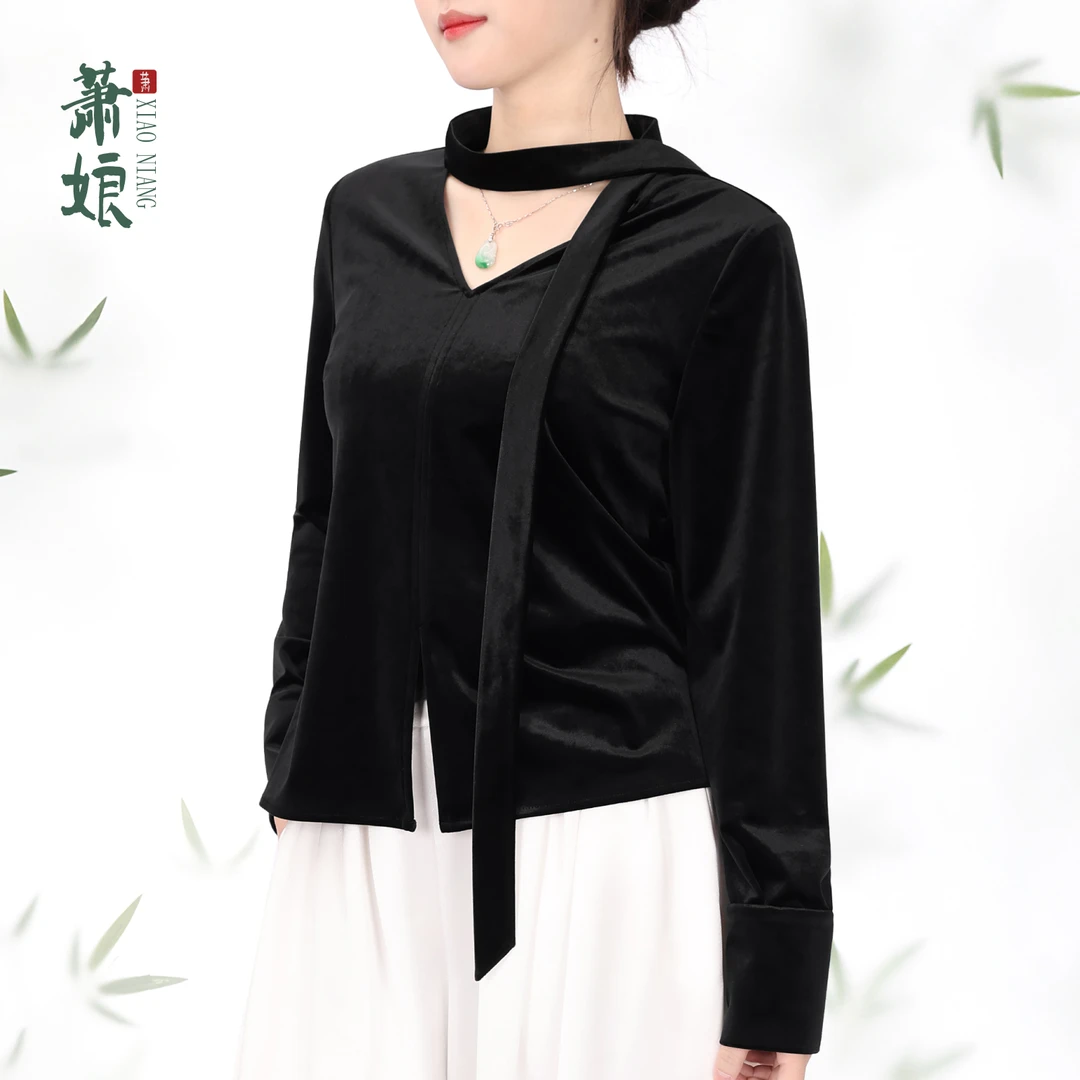 萧娘【念微】醋酸丝绒2025秋冬新款长袖丝绒上衣黑色打底衫女5827