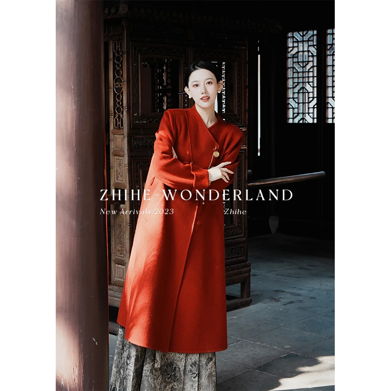 无艳一禾【岁喜】手工坊 羊毛雅致中式领双面呢长款大衣