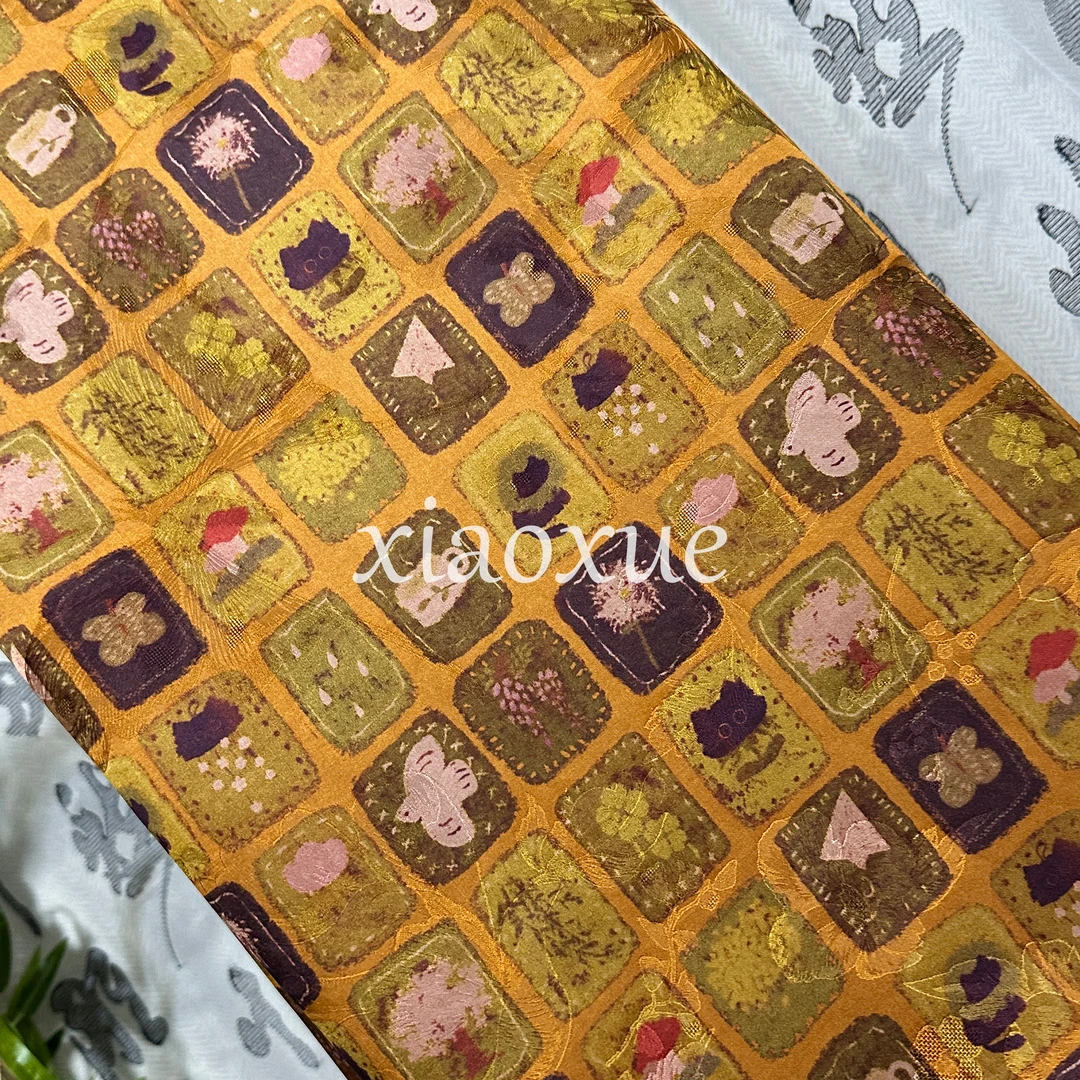 [花罗 -黄格子] 桑蚕丝 丝绸面料 红云纱服装布料 110门幅 25姆米