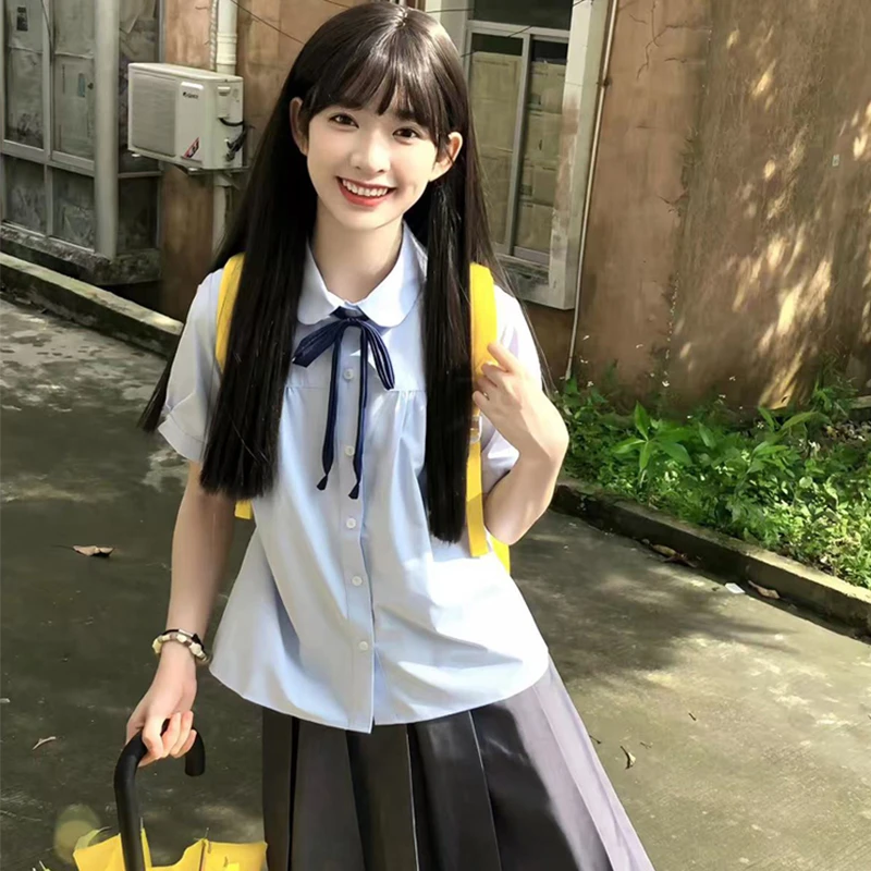 学院风蓝色娃娃领短袖衬衫上衣女褶皱设计感甜妹日系衬衣