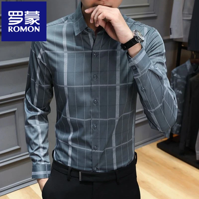 罗蒙免烫格子衬衫男士春秋季长袖商务休闲衬衣青年男装修身寸衫衣