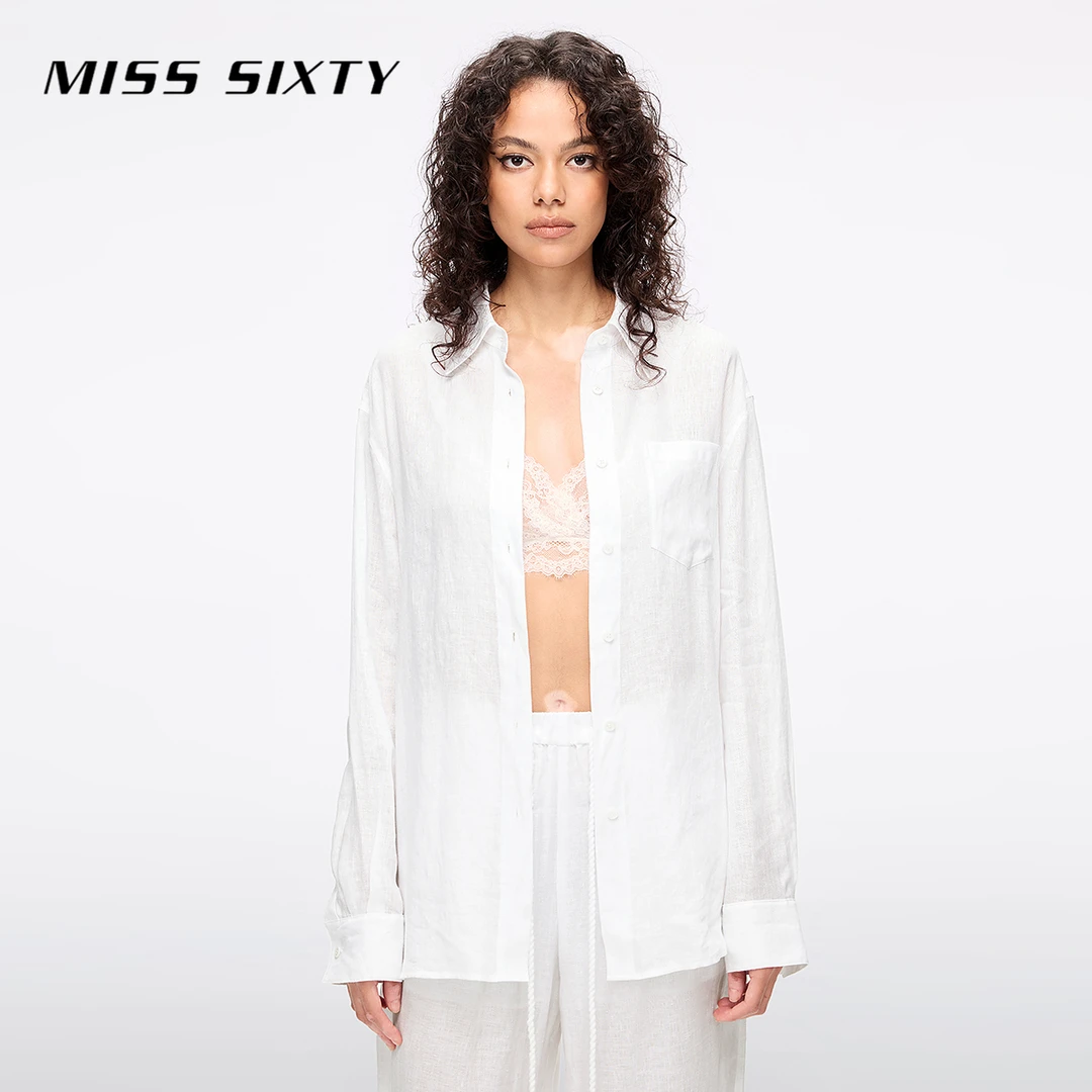 Miss Sixty2025夏季新款衬衫女纯色翻领亚麻薄款宽松长袖淡人穿搭