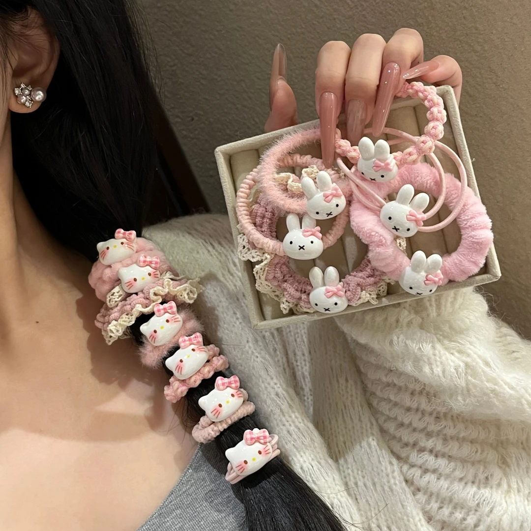 可爱粉色系蝴蝶结KT猫米菲兔发圈秋冬毛绒卡通皮筋超萌少女心发绳