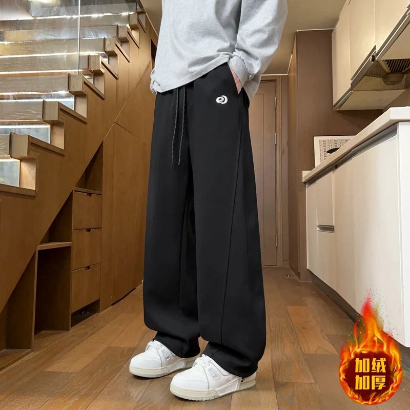 男生休闲裤秋冬季新款弯刀裤加绒加厚帅气长裤青少年百搭潮流卫裤