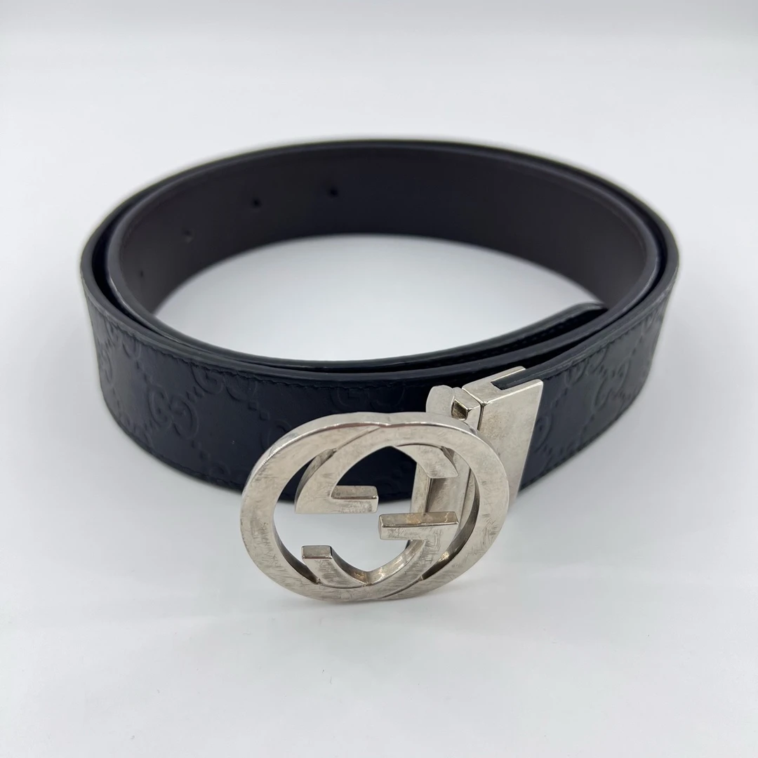 95新 GUCCI/古驰 经典双G银扣压纹LOGO皮革腰带/12224851