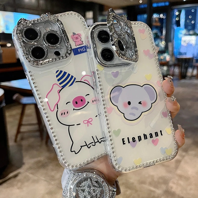 适用苹果系列iPhone16新款手机壳爱心小象猫咪一体支架钻框镜头膜