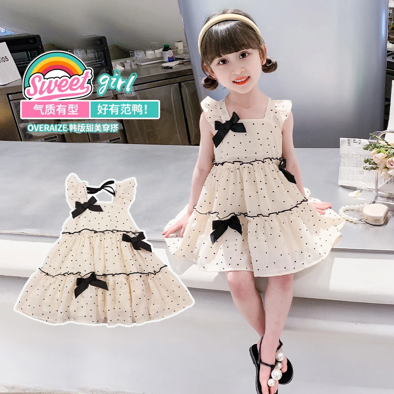 女童蝴蝶结圆点连衣裙2025夏季小女孩新款时尚洋气无袖蓬蓬公主裙