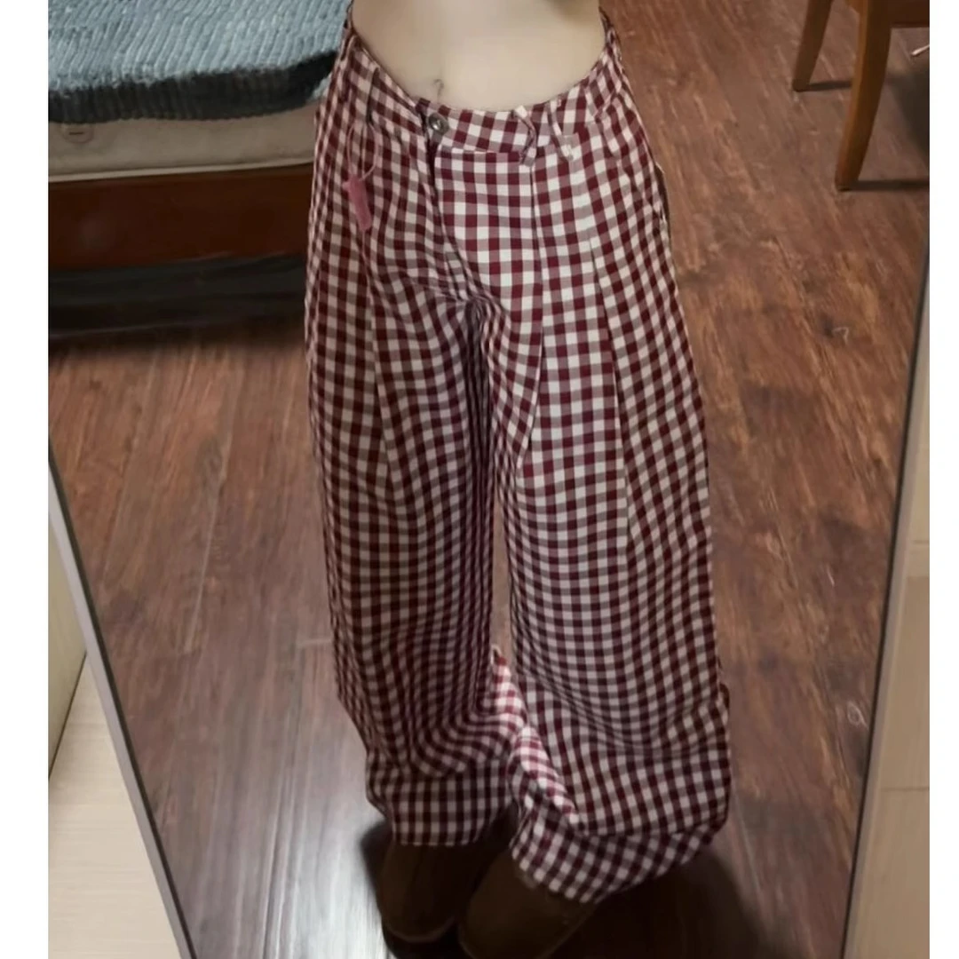 超显白红色格子裤2025夏季新款显瘦显高阔腿裤女撞色窄版拖地长裤