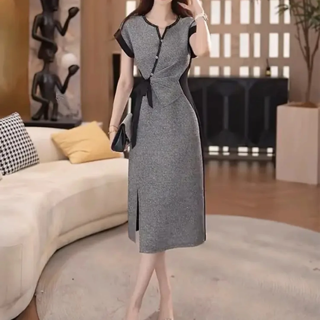 夏季复古修身连衣裙法式开叉显瘦设计感A字裙中长裙气质轻奢时尚