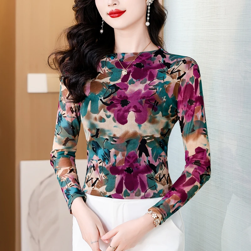 【不定位花】印花法式长袖修身T恤气质打底衫时尚洋气内搭显白小衫