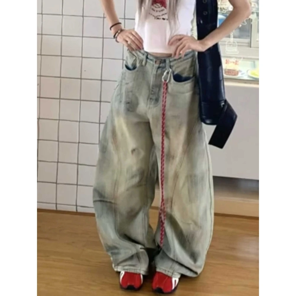 【送挂绳】美式高街辣妹嘻哈牛仔裤女秋季弯刀脏染做旧宽松阔腿裤子