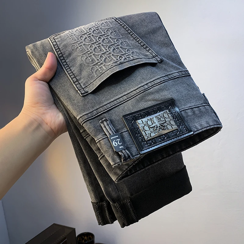 HAMOLENA高端水洗牛仔裤男士秋季新款休闲裤潮流印花灰色弹力长裤