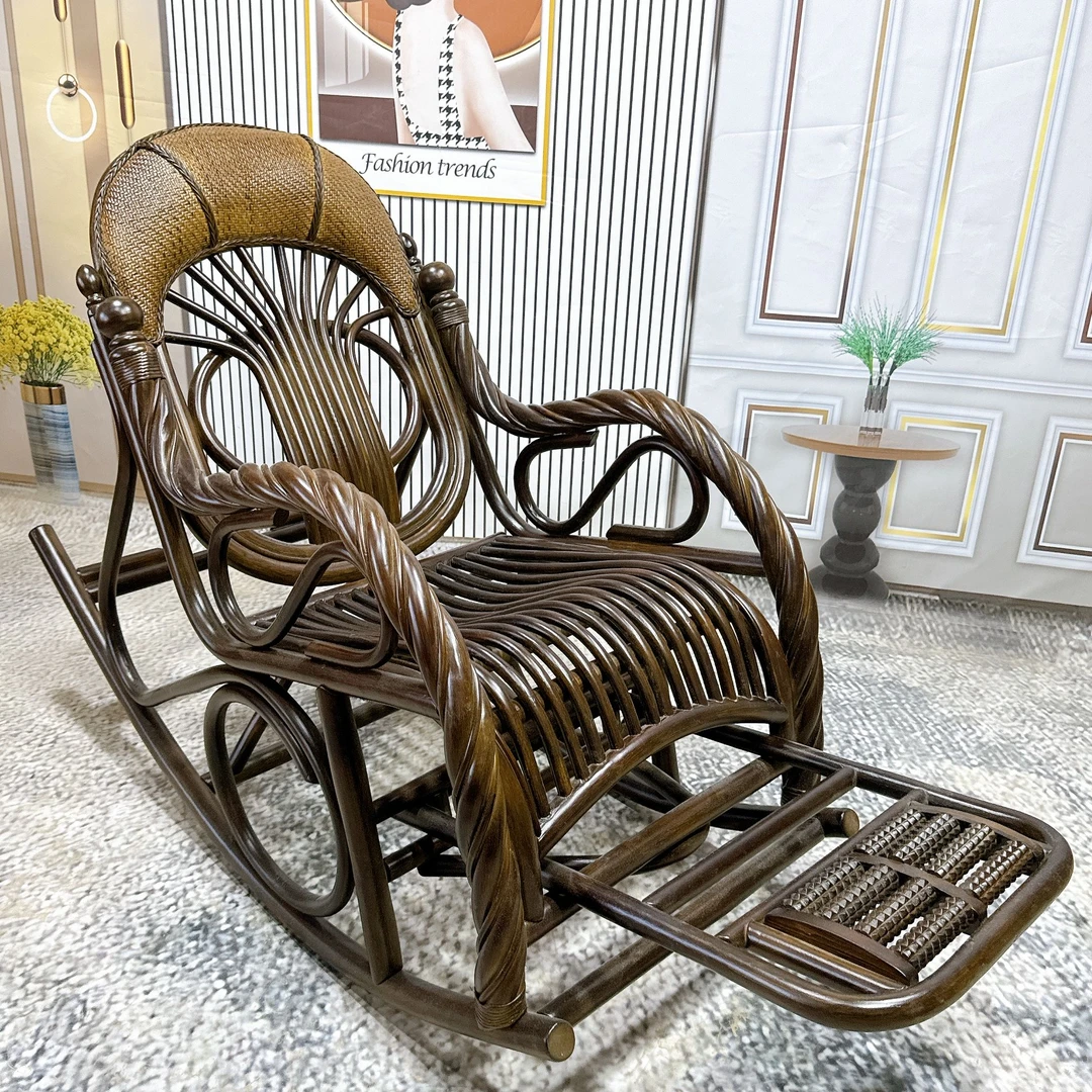 印尼真藤逍遥椅家用阳台豪华老人太师椅午休小憩摇椅藤椅舒适耐用