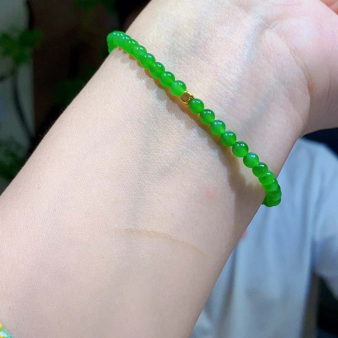 足金镶嵌手链和田玉（碧玉）苹果绿卡4手串
