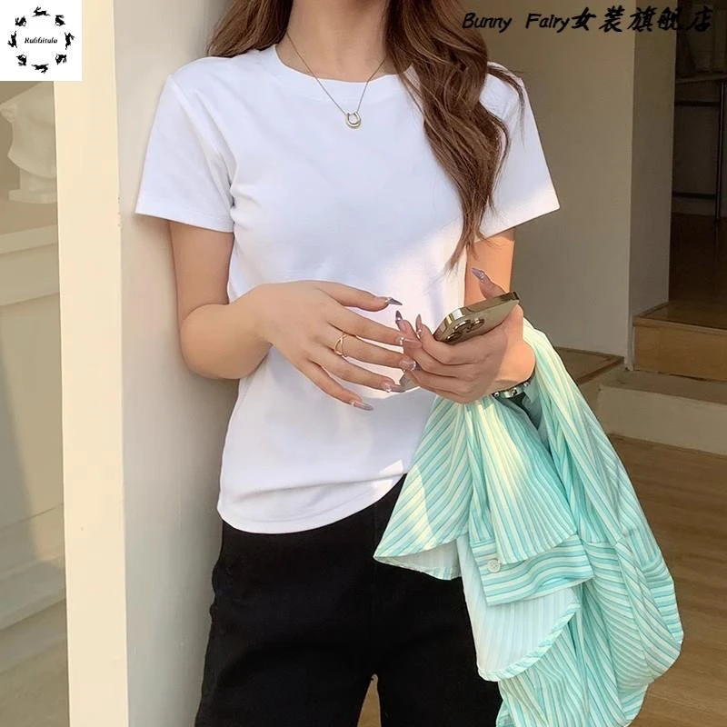 白色短袖t恤女2025新款夏季修身显瘦圆领打底半袖小个子正肩上衣