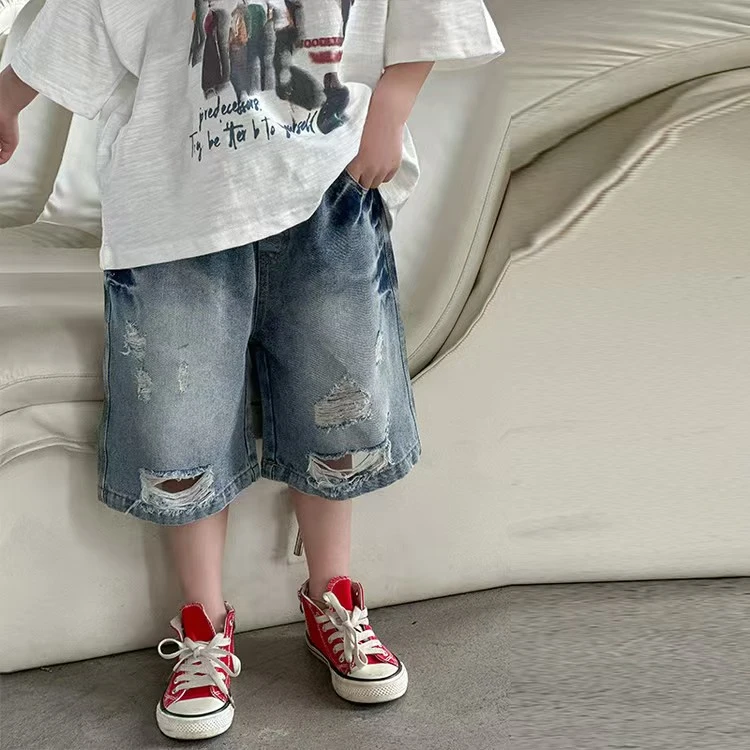 K5172 HY25100 夏季中童蓝色破洞牛仔短