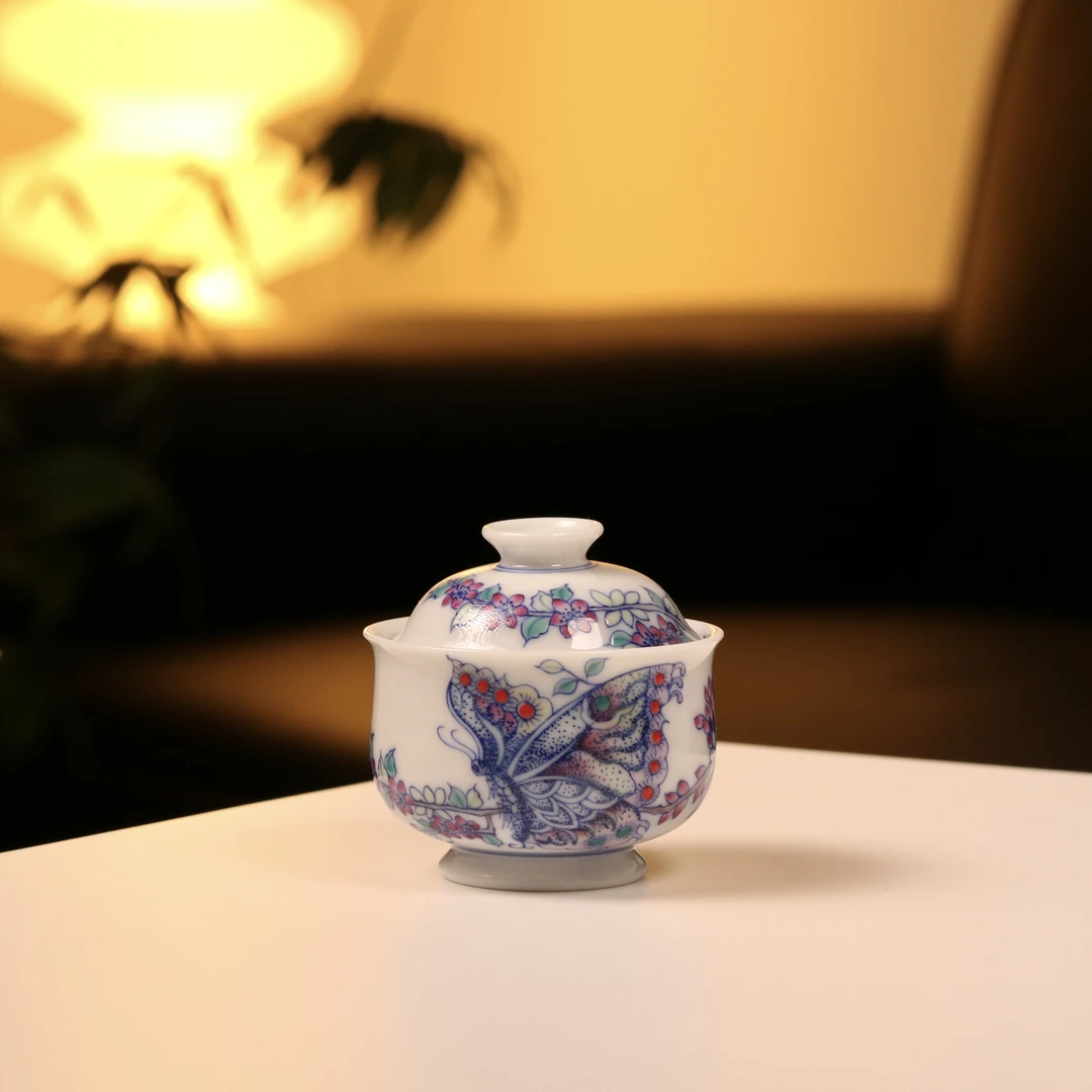 舒月观风 景德镇斗彩手绘蝴蝶蝶恋花宝宝盖碗 65cc