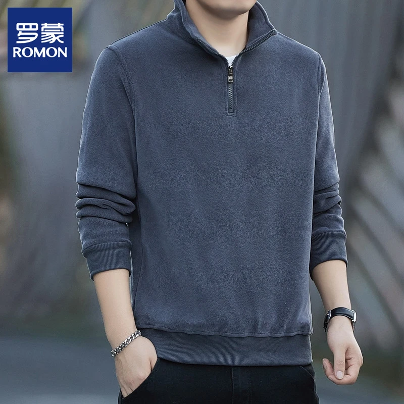 Romon/罗蒙抓绒卫衣男士秋冬季半拉链立领长袖t恤加厚大码打底衫