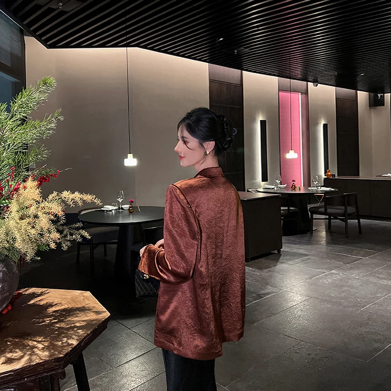 高端醋酸缎面西装外套女2025春秋新款韩版宽松休闲轻奢气质小西服