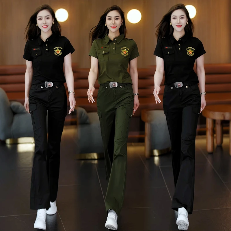 新款短袖喇叭裤套装修身显瘦工装T恤薄款时尚迷彩服POLO水兵舞女
