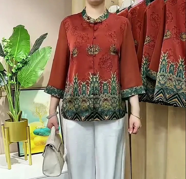 时尚妈妈薄款立领盘扣国风中老年开衫上衣