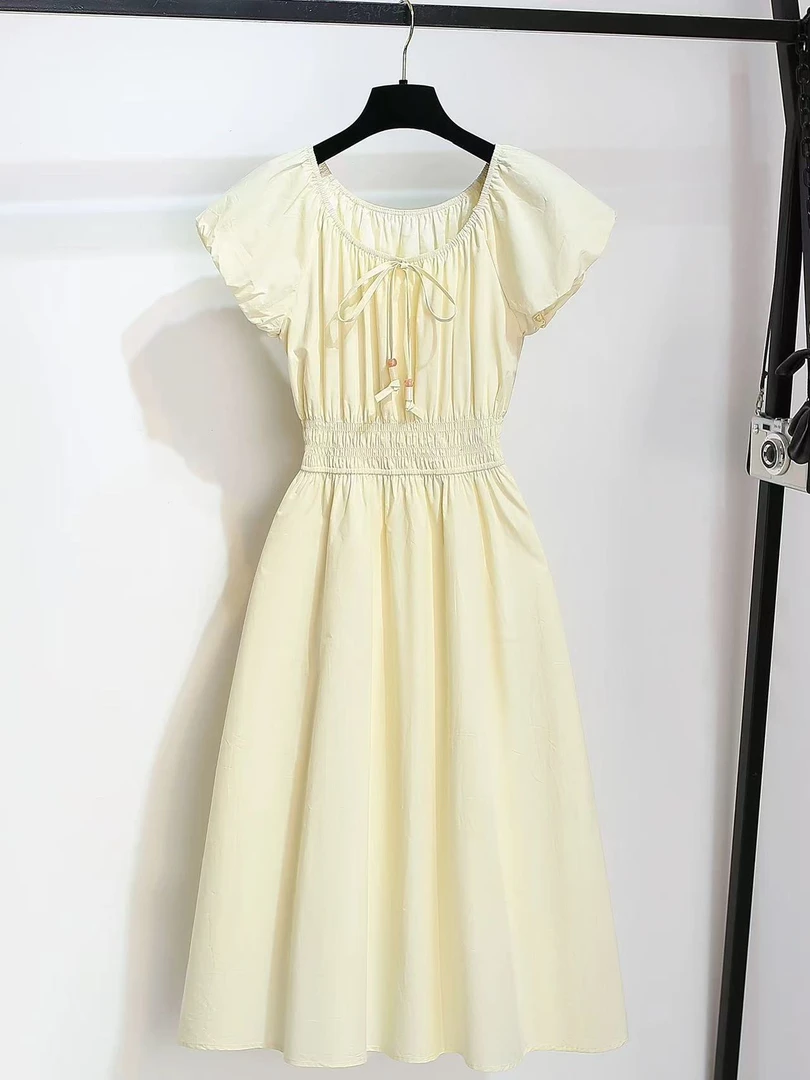 12218#圆领泡泡袖新款风琴褶收腰连衣裙【A2-4】