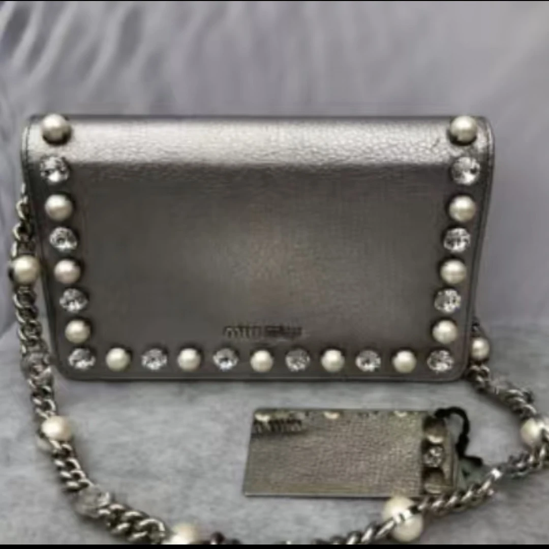 95新 MIU MIU/缪缪 包展专属 miumiu银色珍珠水钻链条包