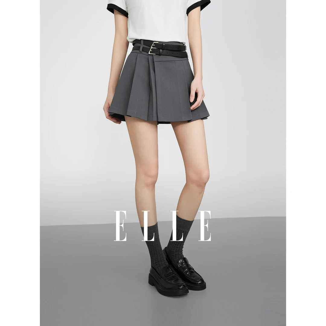 ELLE学院风高腰百褶半身裙女2025春季新款优雅气质A字短裙ER50559