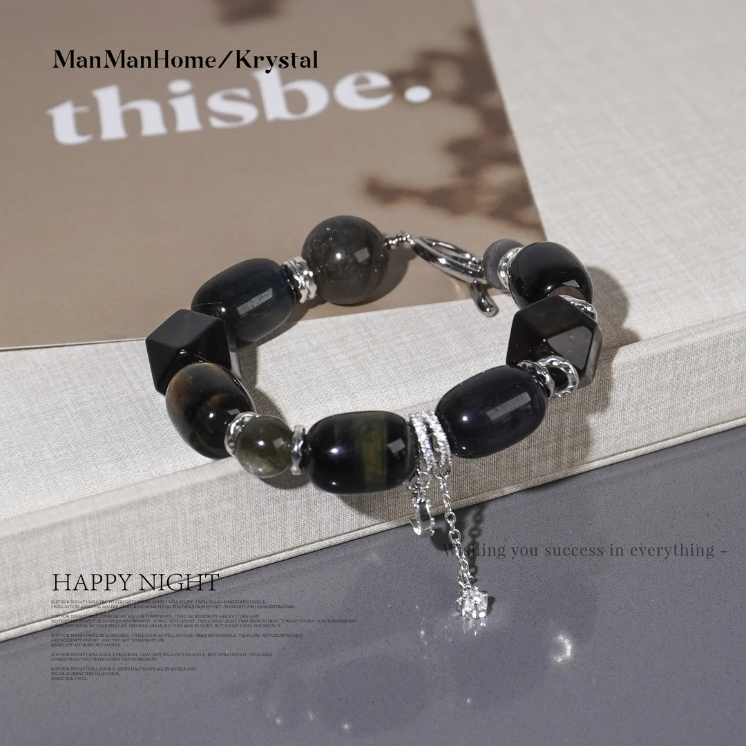 A319【趋光】满满家天然蓝虎眼 茶水晶 灰月光 绿锂云母手链