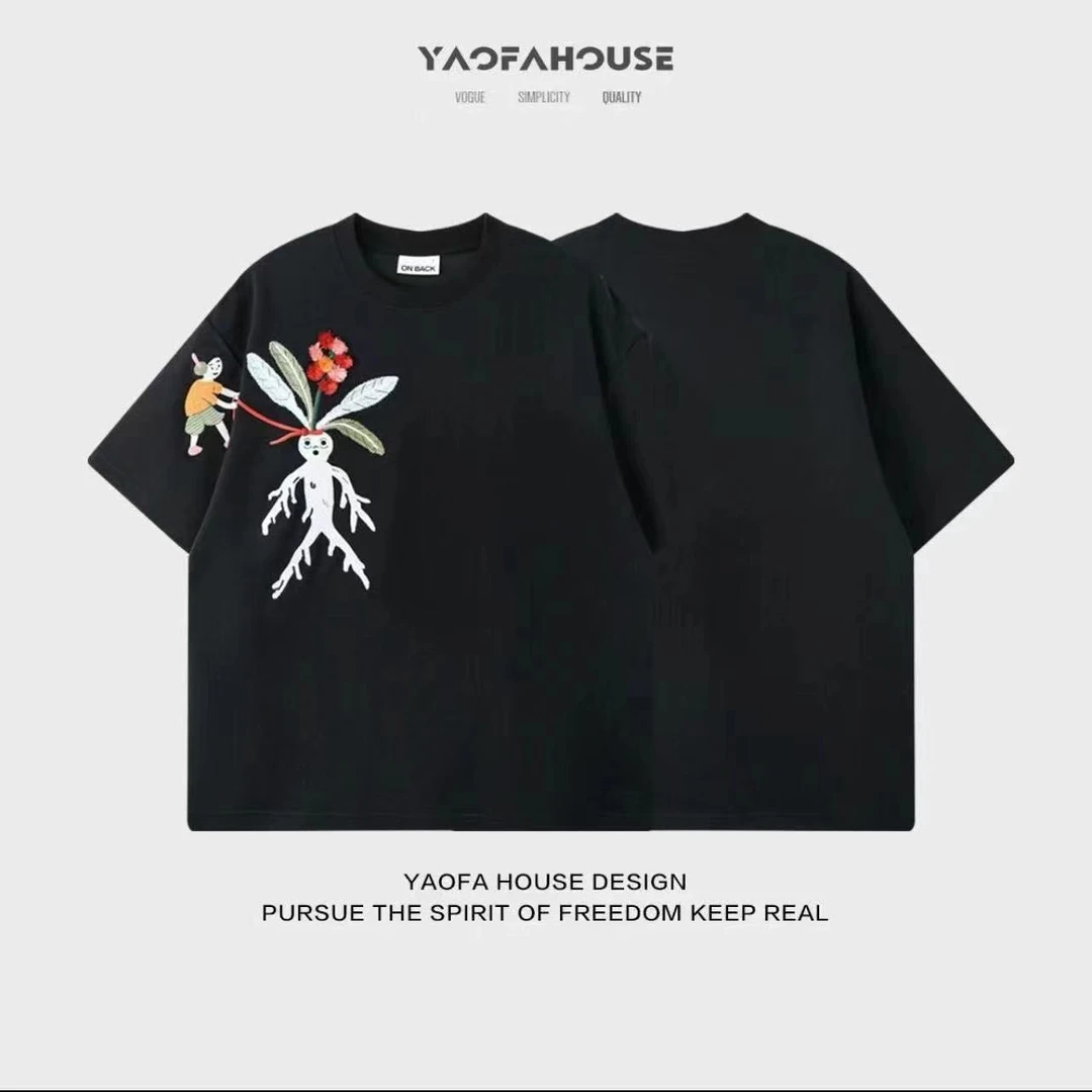 302欧美2025轻奢潮牌小孩人参刺绣短袖T恤男女同款情侣半袖上衣