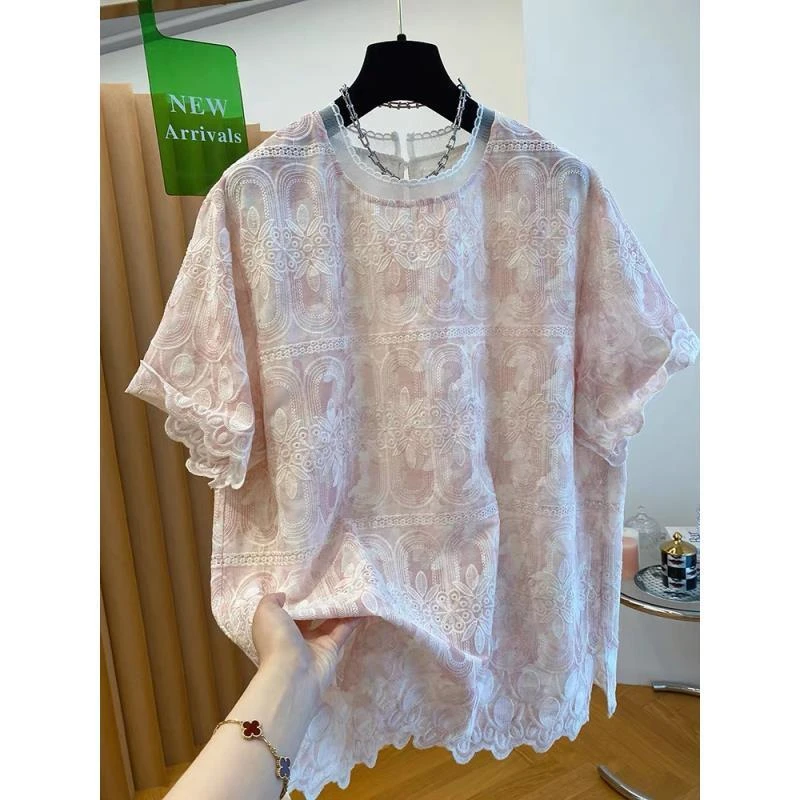 【波浪蕾丝】时尚潮流高级感刺绣蕾丝衫女短袖T恤上衣D0056