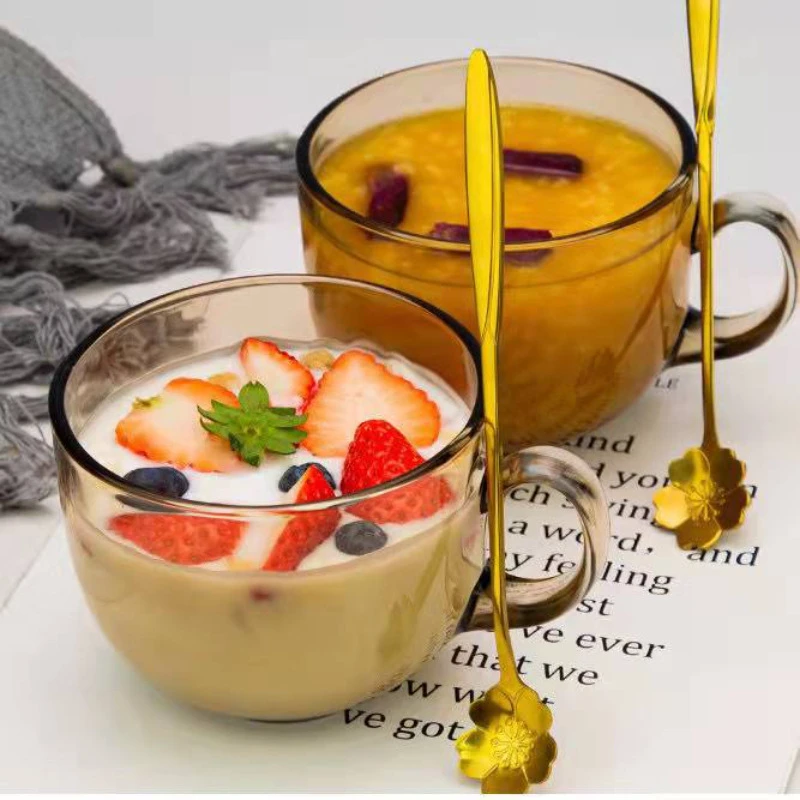 茶色玻璃杯带把手牛奶燕麦早餐杯带勺家用杯子