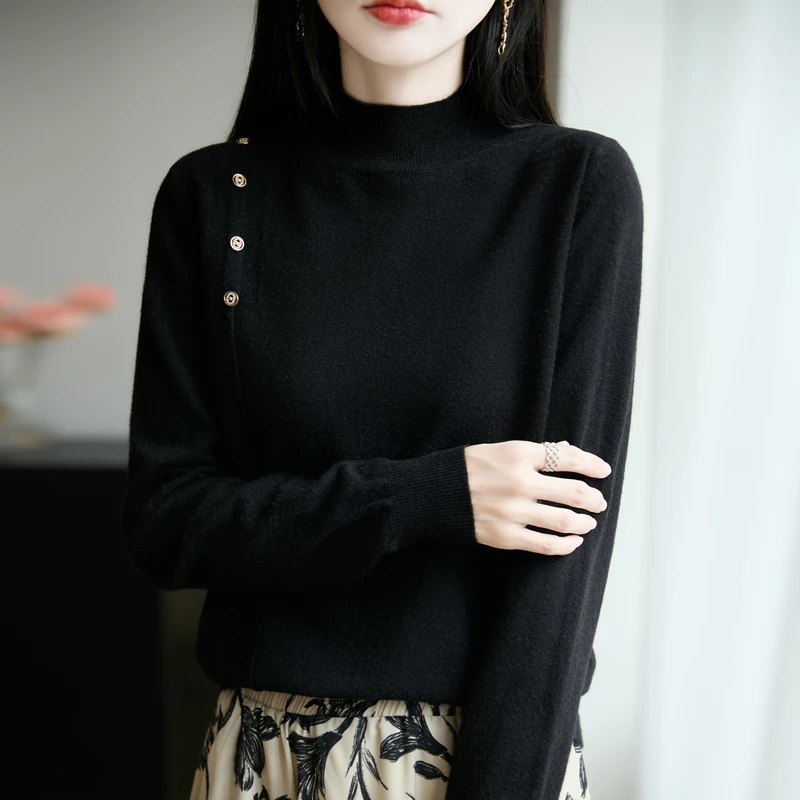侧重工扣子女针织衫秋冬黑色女针织衫修身秋冬打底衫