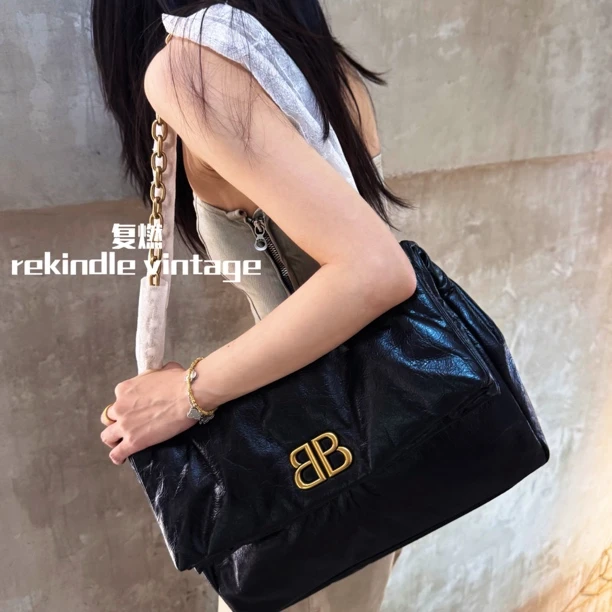 99新 Balenciaga/巴黎世家 复燃精选/黑金中号monaco油蜡皮斜挎包