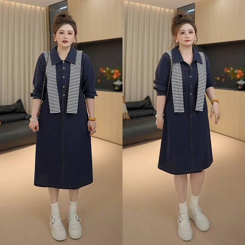 【胖佳佳】现货~胶片裙 秋季气质条纹披肩长袖牛仔连衣裙H625Q12588