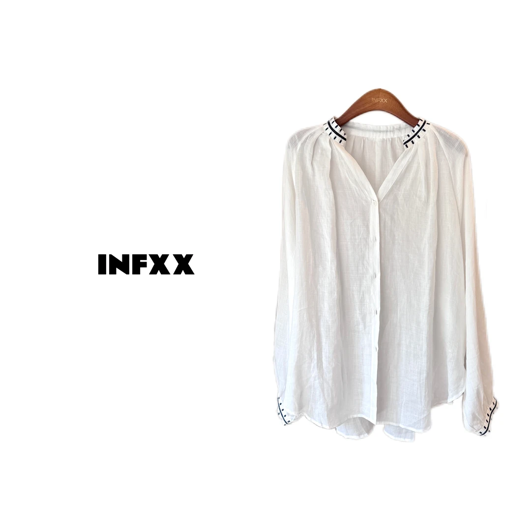 法式小刺绣麻衬衫春夏新款法式白色衬衫女