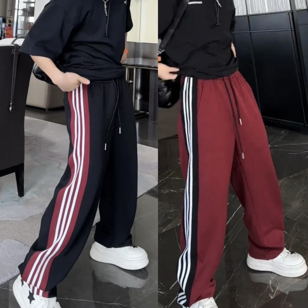 夏季新款美式侧边条纹撞色运动休闲裤时尚百搭情侣阔腿直筒裤