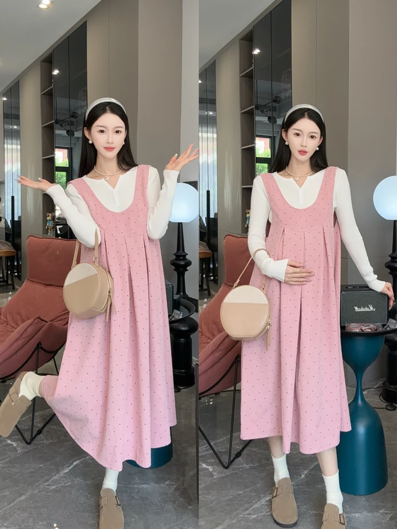 孕妇装秋装套装新款韩版孕妇长袖打底上衣宽松减龄波点孕妇背心裙