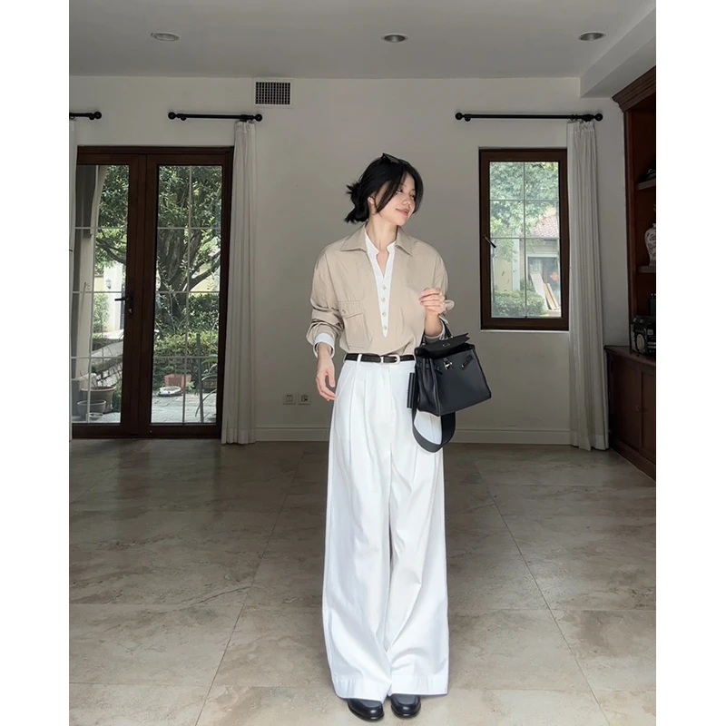 郭九九呢 天丝棉宽松显瘦假两件衬衫简约百搭阔腿长裤 G925A13940