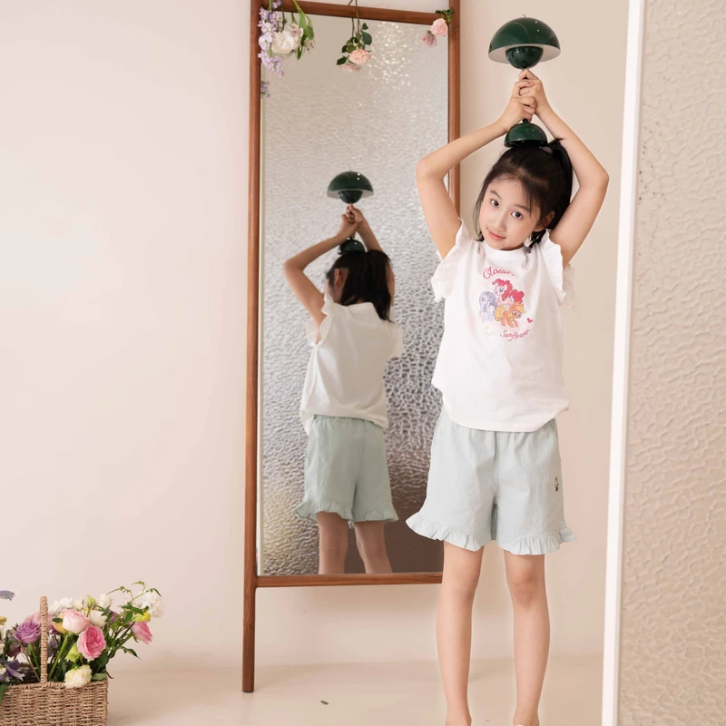 女童夏季纯色小熊刺绣荷叶边休闲短裤1113827