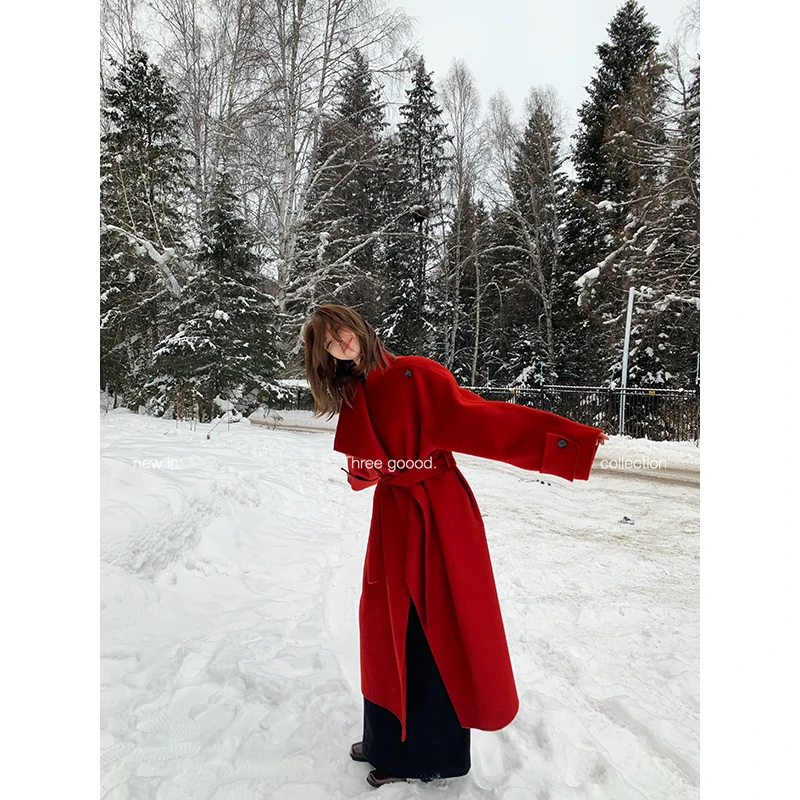 THREE GOOOD/三吉绯衣落雪大翻领长款廓形双面呢大衣Y725Z16110-1