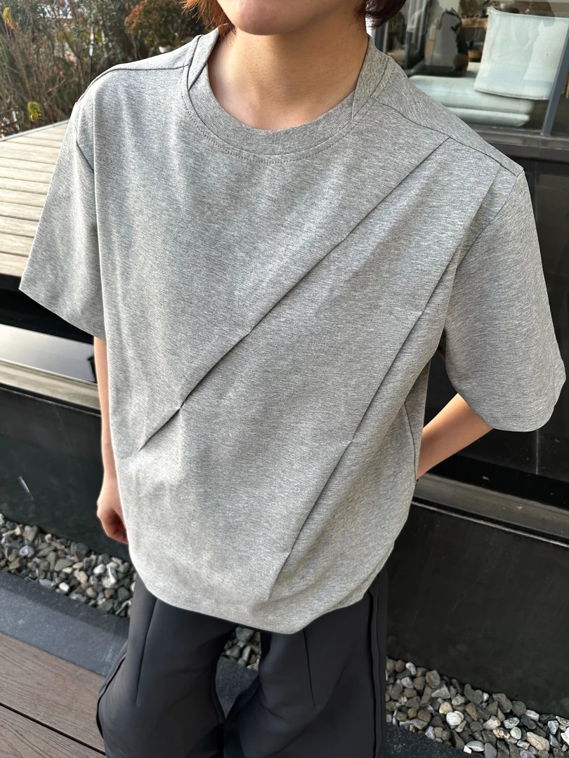 【EME】复古小众设计短宽版型斜褶T恤