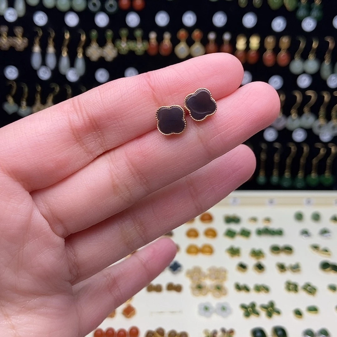 和田玉银S925镀金镶嵌耳饰