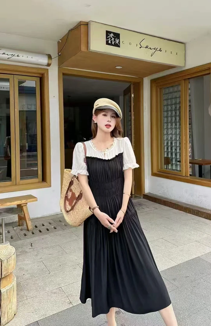 时尚拼接收腰中长款女士短袖连衣裙夏季新款洋气减龄