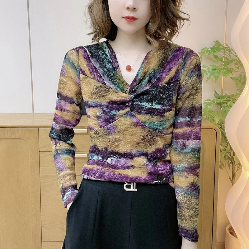 新款时尚扭结女装弹力长袖印花上衣网纱显瘦时尚百搭气质打底衫