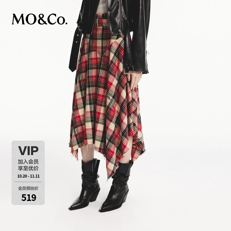 MOCO秋苏格兰格纹毛边不规则半身裙(附腰带)MBD3SKT047