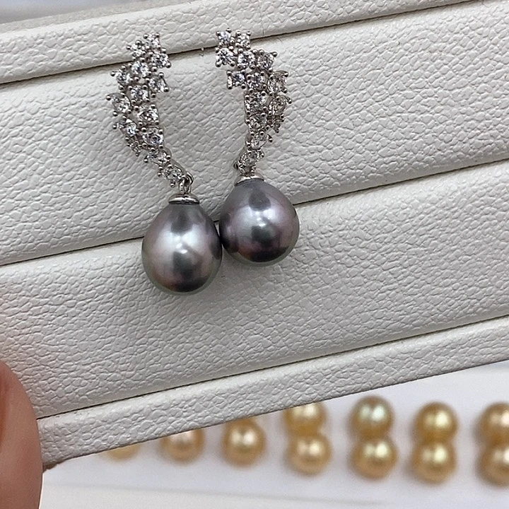 银S925镶嵌耳饰海水珍珠铂金灰