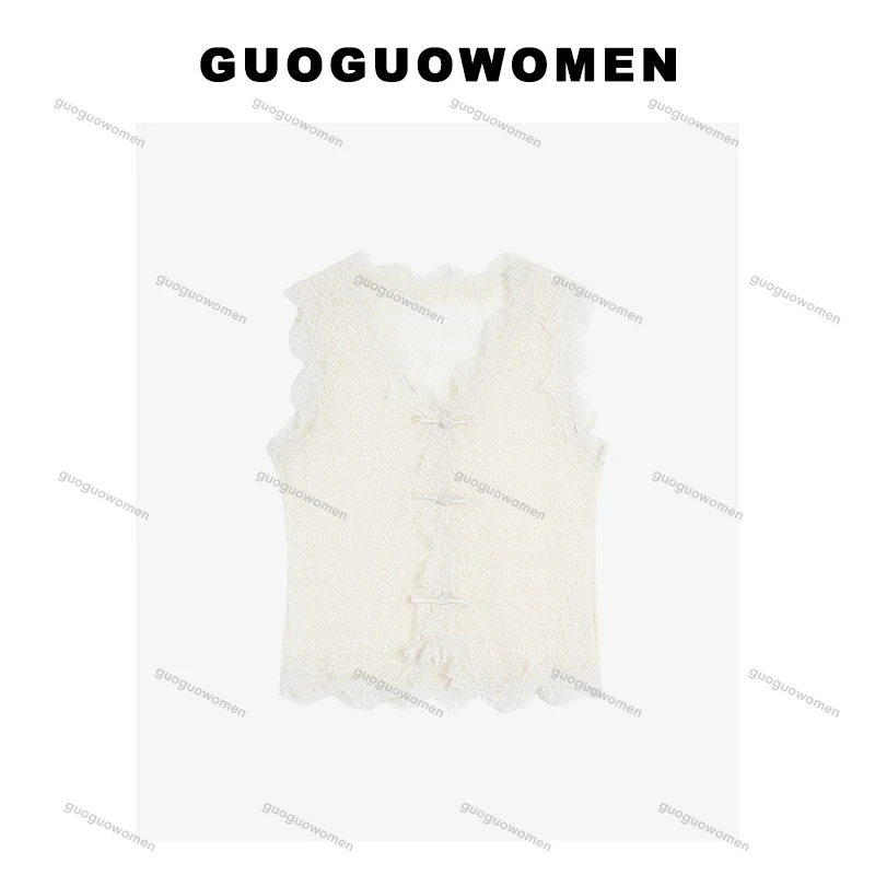 果果家 中式国风蕾丝盘扣针织衫背心吊带2025春季无袖打底上衣